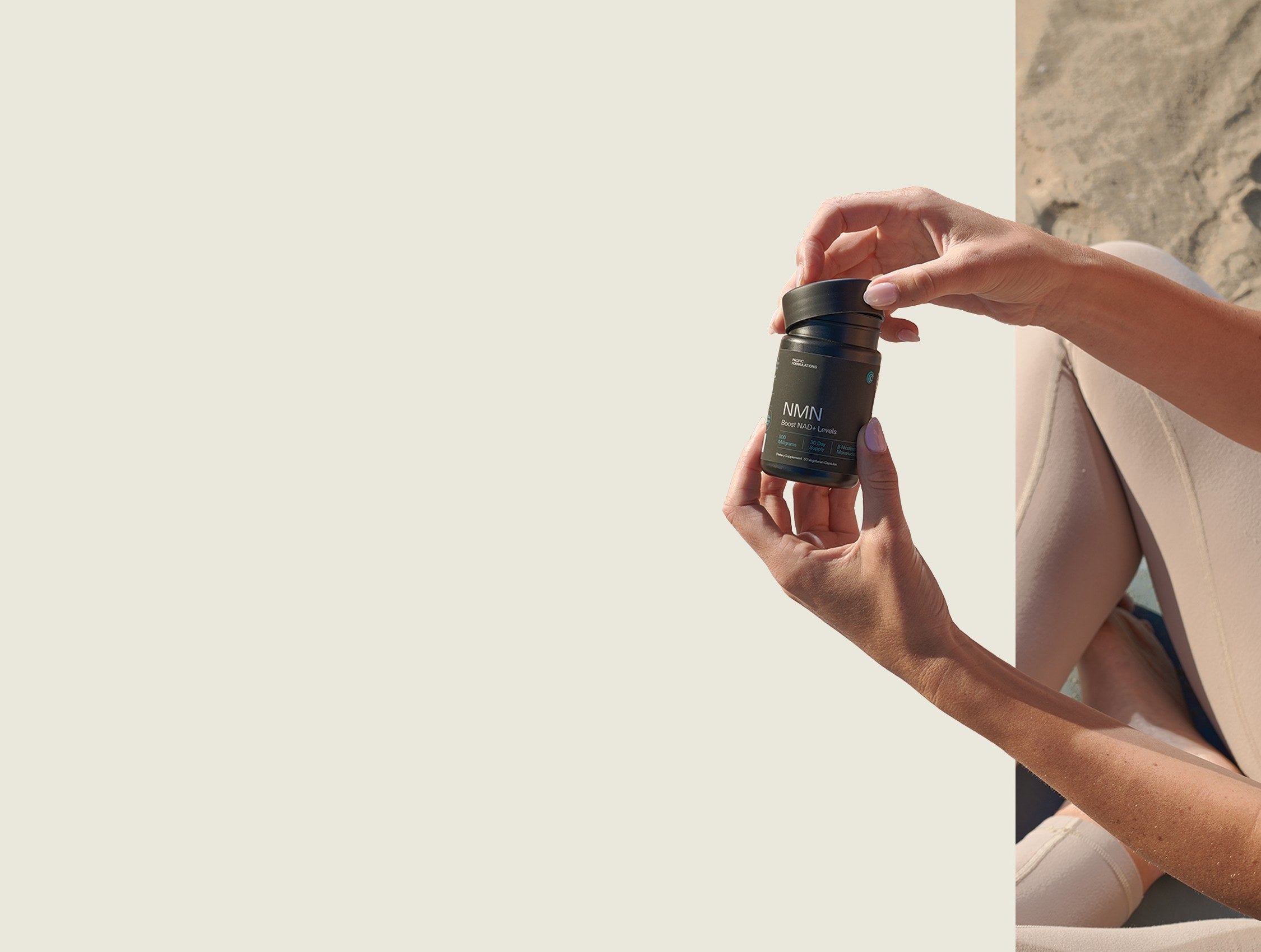 A woman on a beach holding a jar of Pacific Formulations NMN
